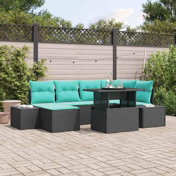 vidaXL Havesofa Sæt 7 stk. Sort og Turkis Polyrattan