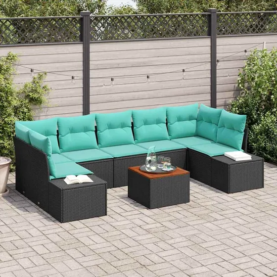 vidaXL Havesofa Sæt 8 stk. Sort og Turkis Polyrattan