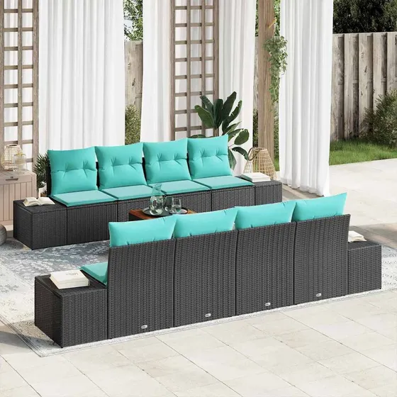 vidaXL Havesofa Sæt 9 stk. Sort og turkis i polyrattan