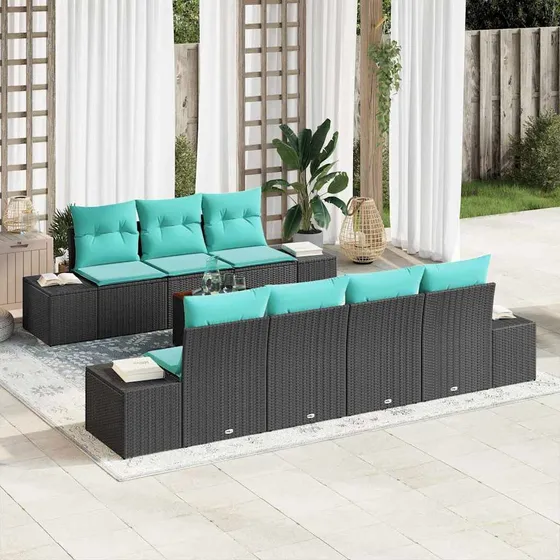 vidaXL Havesofa Sæt 8 stk. Sort og turkis polyrattan