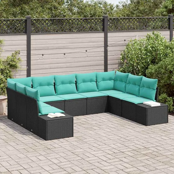 vidaXL Havesofasæt 9 dele, 8 personer, Sort/Turkis Polyrattan