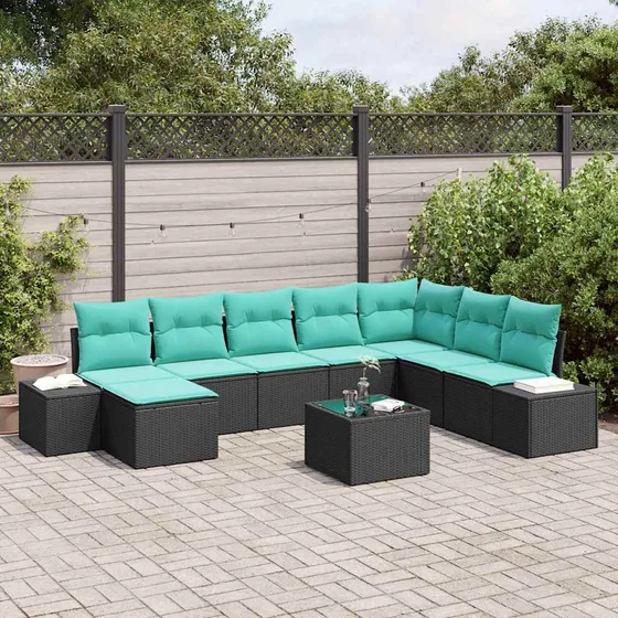 vidaXL Havesofa Sæt 8 stk. Sort og turkis Polyrattan