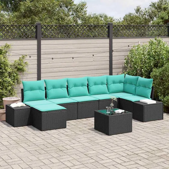 vidaXL Havesofa Sæt 7 stk. Sort og Turkis Polyrattan