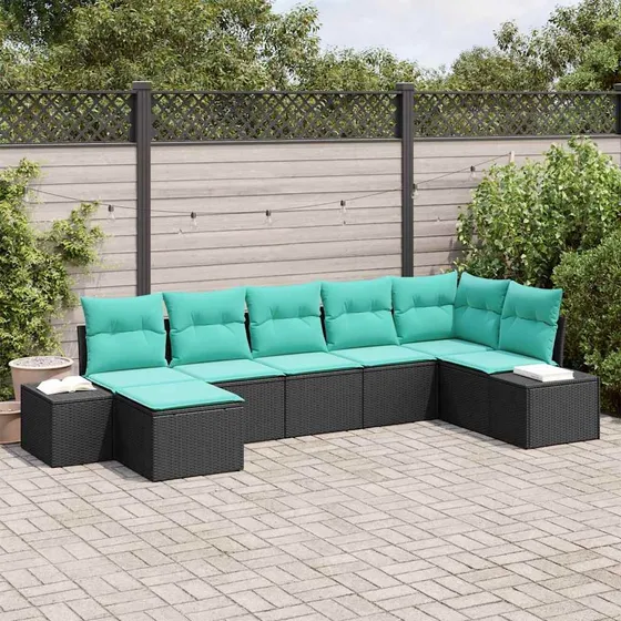 vidaXL Havesofasæt 7 stk. i sort og turkis polyrattan