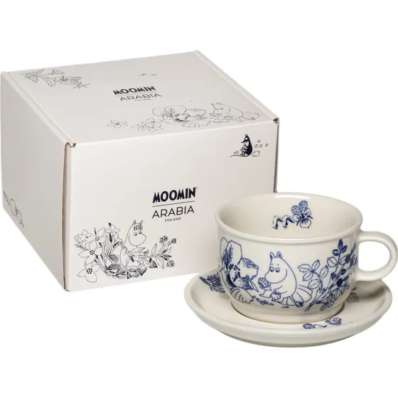 Arabia Moomin Haru kop med underkop, blå/hvid