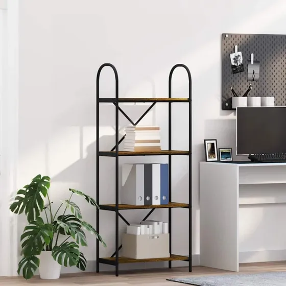 Bogreol i røget eg med sort stålramme 60x30x146 cm