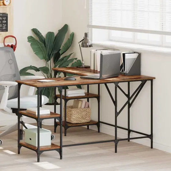 L-formet skrivebord i forvitret træ 139x139x75 cm