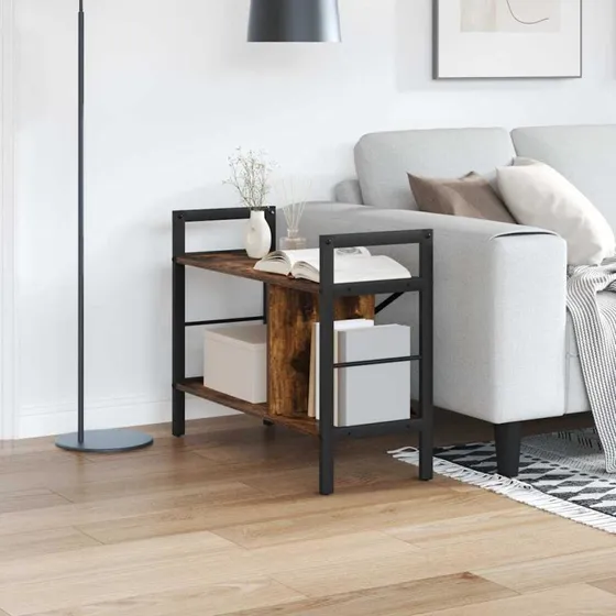 Bogreol i røget eg med stålramme 75x30x58,5 cm