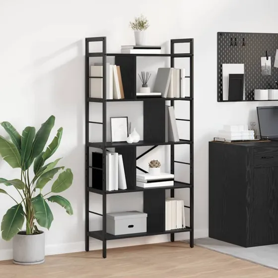 Industriel bogreol i sort eg og stål 75x30x156 cm
