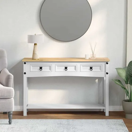 Endebord i hvid med skuffe, massiv fyrretræ 114x34,5x73 cm