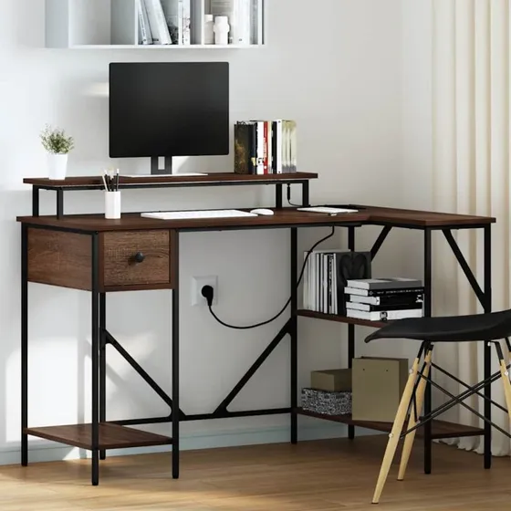 Skrivebord med skuffe i brun eg 120×79×86,5 cm