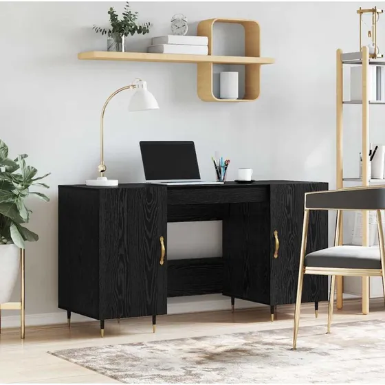 Skrivebord 140x50x75 cm – Sort eg med hylde og dør