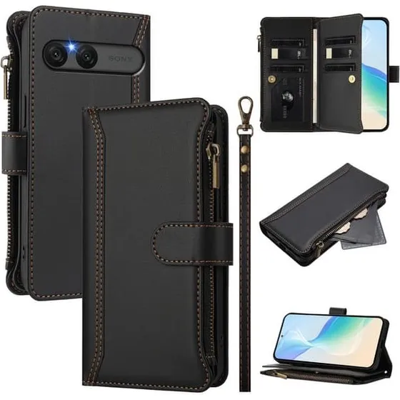 Sony Xperia 10 VII Etui med Lynlåspung og Stativ - Sort