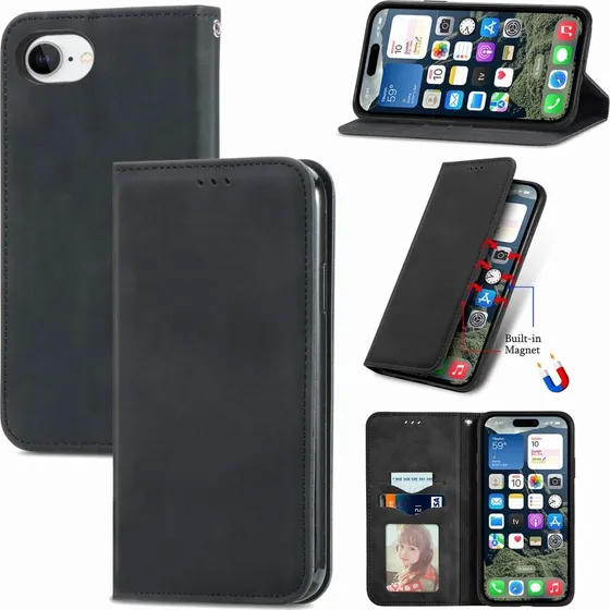 iPhone 17e / 16e Cover med Kortholder og Magnetisk Lukning - Sort