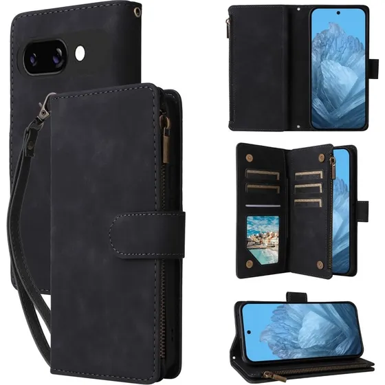 SKALO Google Pixel 9a Zipper PU-læder Flip Cover - Sort