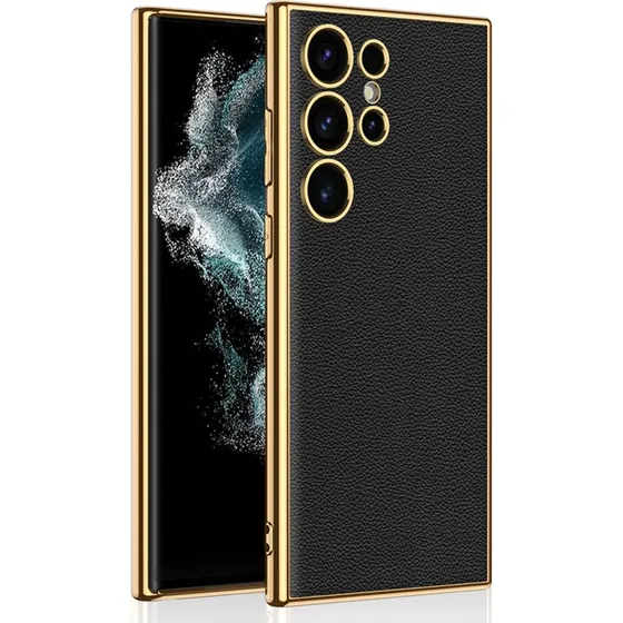 SKALO Samsung S24 Ultra PU-læder Cover med Gold Edge - Sort