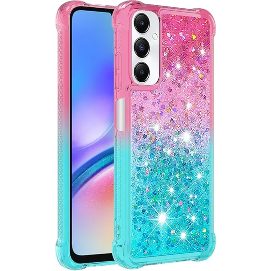 SKALO Samsung A05s 4G Cover med Glitter og Hjerter - Pink-Turkis