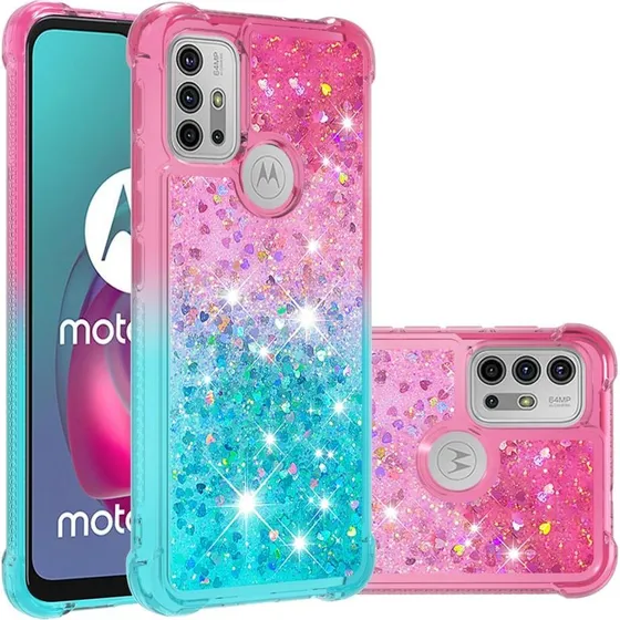SKALO Moto G20/G30 Cover med Glitter og Hjerter - Pink-Turkis