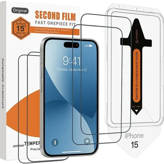 2-Pack Skærmbeskyttelse til iPhone 15 med monteringsramme