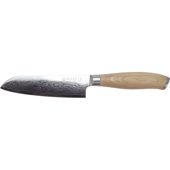 Mareld Akio Santokukniv, 13 cm - Damaskstål med lyst træ