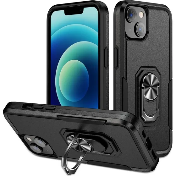 iPhone 15 Stødsikkert Cover med Ringstativ - Sort