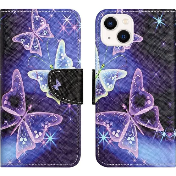 iPhone 15 Wallet Stand Case med Sommerfugle-mønster