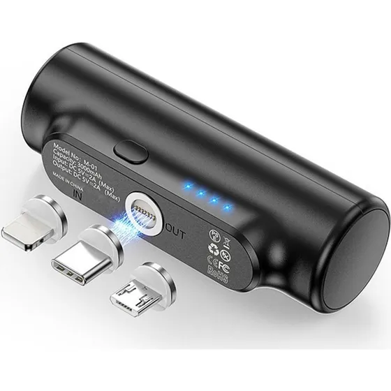 M-01 3000mAh Power Bank med 3 magnetiske adaptere - Sort