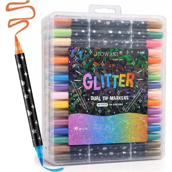 48 stk. Dobbelt-sidede Glitter Farvepenne - 96 farver akryl