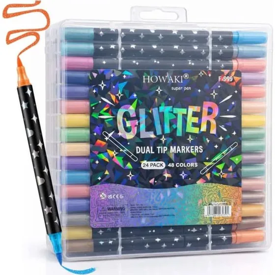 24 stk Dual Tip Glitter Markører - 48 Neon & Glitter Farver