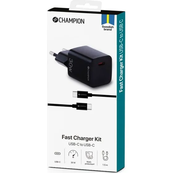Champion 30W PD Oplader med 1,5m USB-C kabel, Sort