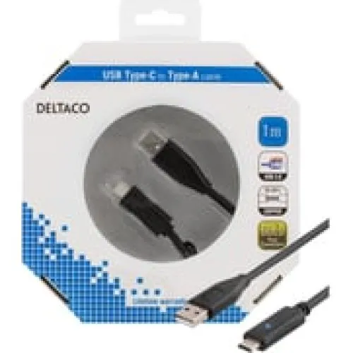 Deltaco USB-C til USB 2.0 kabel, 1 m, sort