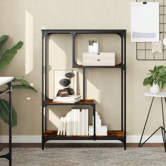 Bogreol 81x36x115 cm i rget egetr og sort jern