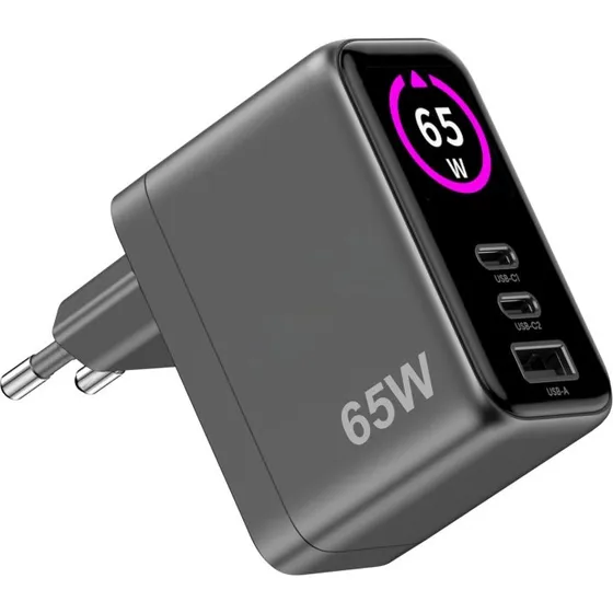 Celly 65W GaN væglader med LED-display og 3 porte