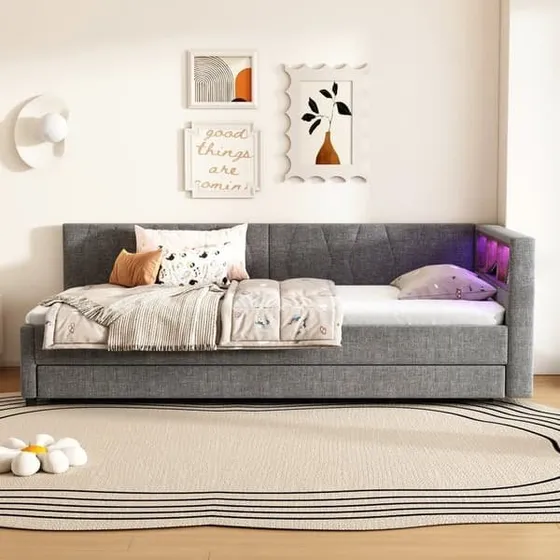 Daybed 90x200 cm med udtræk, LED & USB-C – Grå hørstof