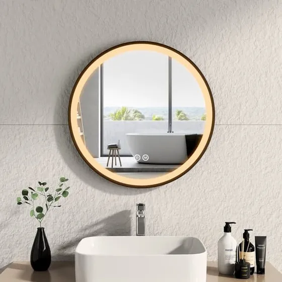EMKE Rundt LED-spejl 60 cm – Sort ramme, 3 lysfarver