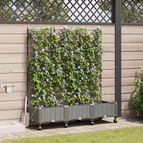 vidaXL Havekrukke med vanding, hjul og espalier 3 stk. Lysegrå