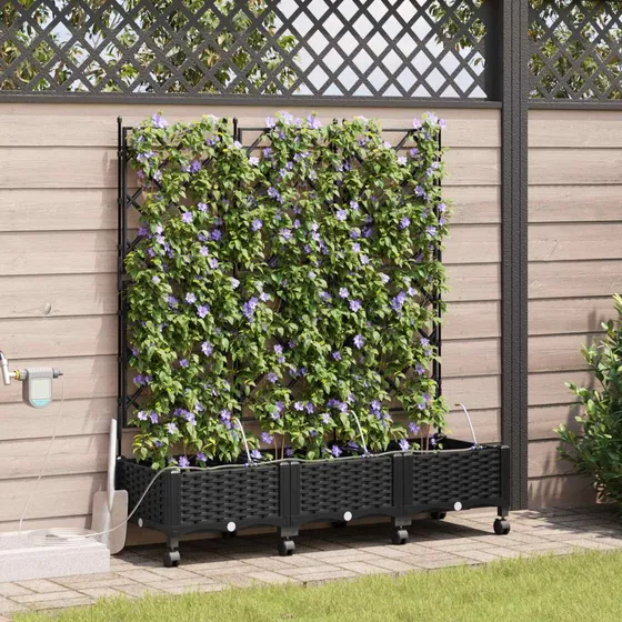 vidaXL Havekrukke med vanding, hjul og espalier, 3 stk. Sort