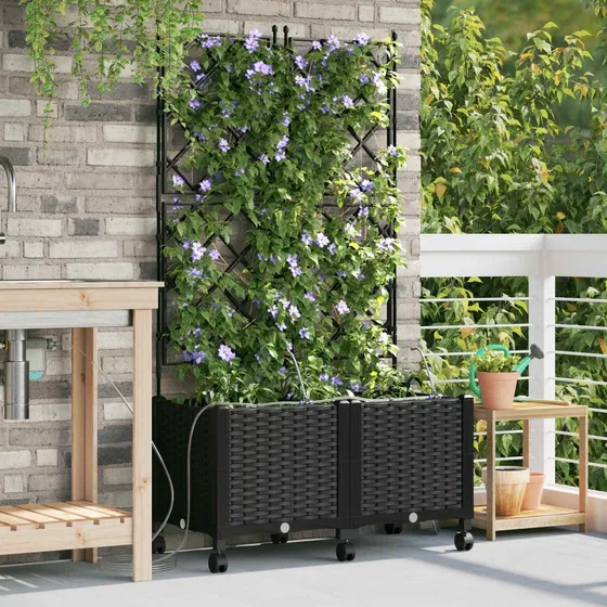 vidaXL Havekrukke med espalier, vanding og hjul, 2 stk. Sort