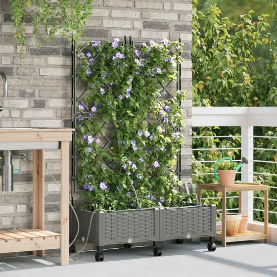 vidaXL Havekrukke med vanding, hjul og espalier 2 stk. Lysegrå