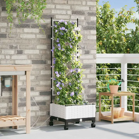 vidaXL Havekrukke med vanding, espalier og hjul - Hvid 40x40x132 cm