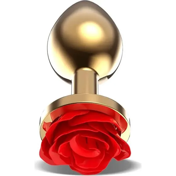 Golden Metal Anal Plug med rød rose, Medium