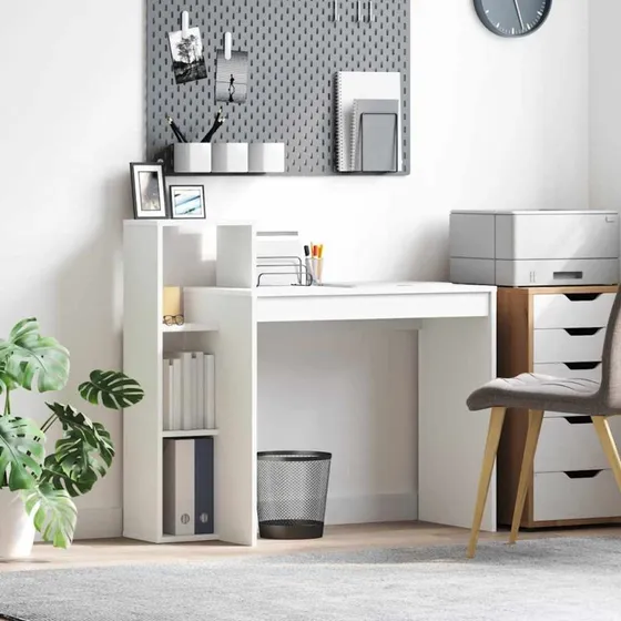 Hvid skrivebord med hylde 100x40x90 cm — konstrueret træ