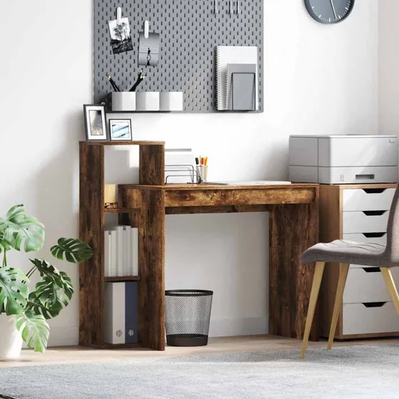 Skrivebord med hylde i røget eg 100x40x90 cm