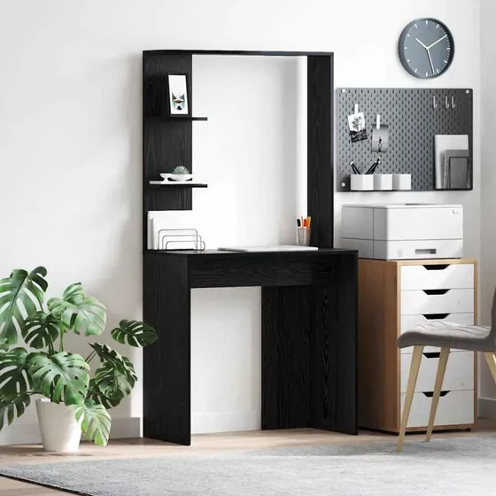 Skrivebord med hylde, sort eg-look 78,5×37×154,5 cm