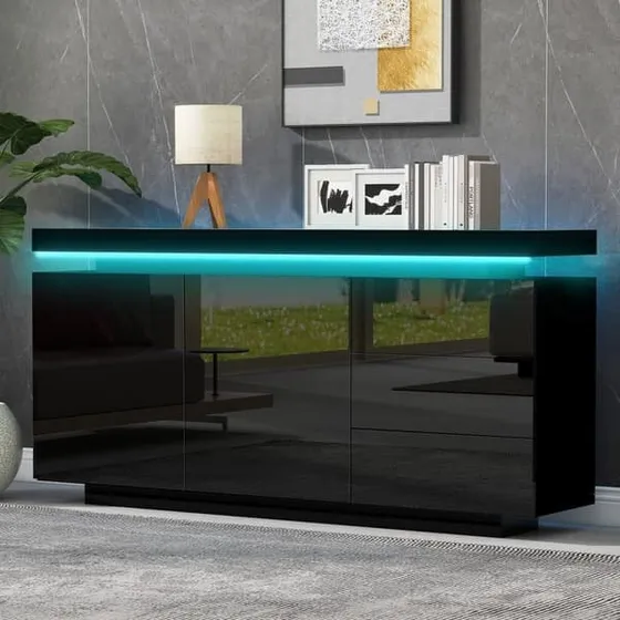 Sort højglans skænk med LED-belysning, 140x35x72,5 cm
