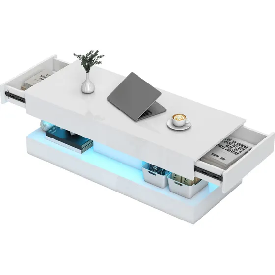 HOMCOM sofabord m. skjulte skuffer & LED-lys, hvid