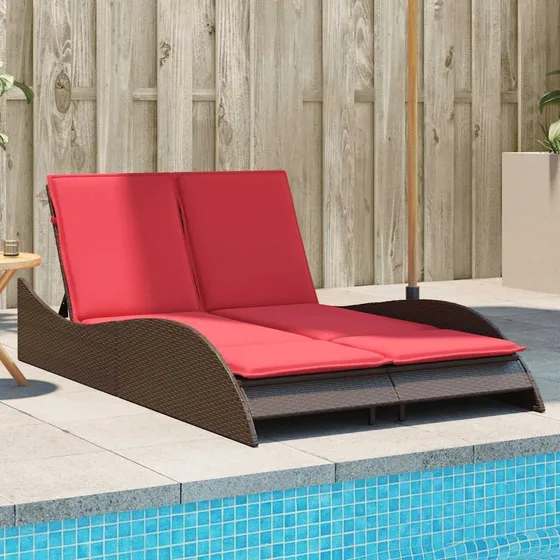 vidaXL Liggestol med hynder i brun polyrattan, 114x205 cm