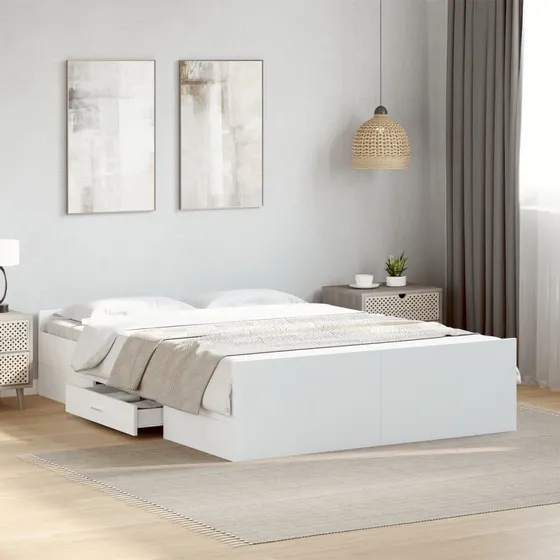 vidaXL Sengeramme med skuffer 135x190 cm i hvid højglans