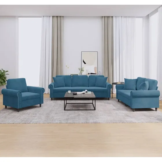 vidaXL Sofasæt 3 dele i blå velour med puder