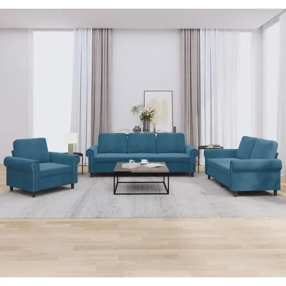 vidaXL Sofasæt 3 dele i blå velour med hynder